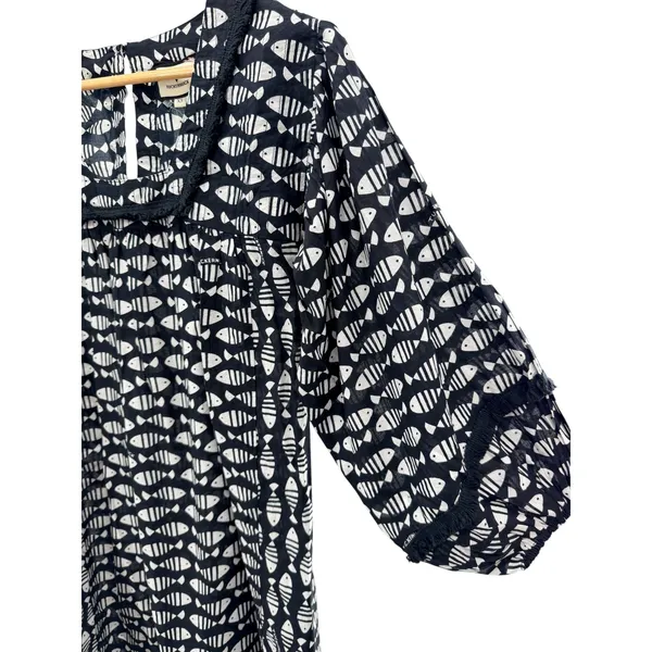 Tuckernuck‎ Piscis Catalans Fish Print Coverup Tunic Dress XS Black White Fringe - Image 3