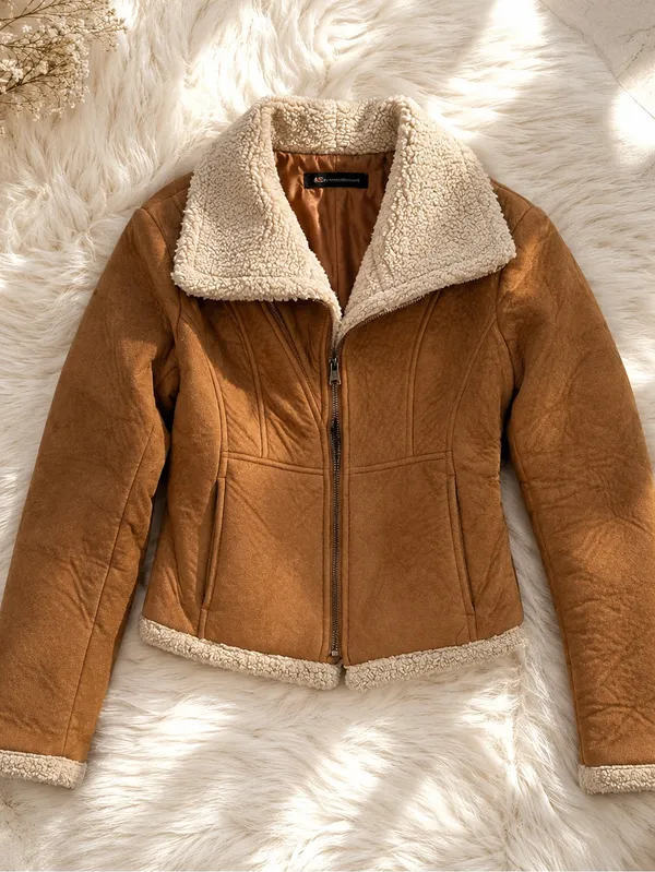 Zara TRF Cropped Faux Shearling Biker Jacket Small - Image 5