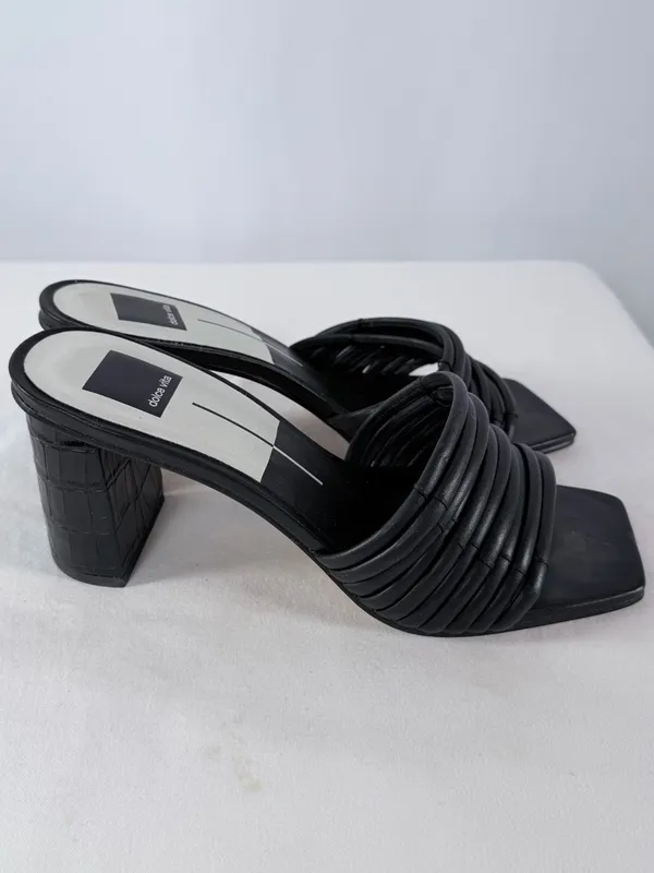 Dolce Vita Square Toe Strap Block Heeled Mules in‎ Croc Embossed Black Size 10 - Image 5