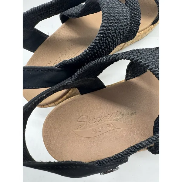 Skechers Black Arch Fit Strappy Wedge Sandals Womens Size 8.5 Cork Wedge - Image 6