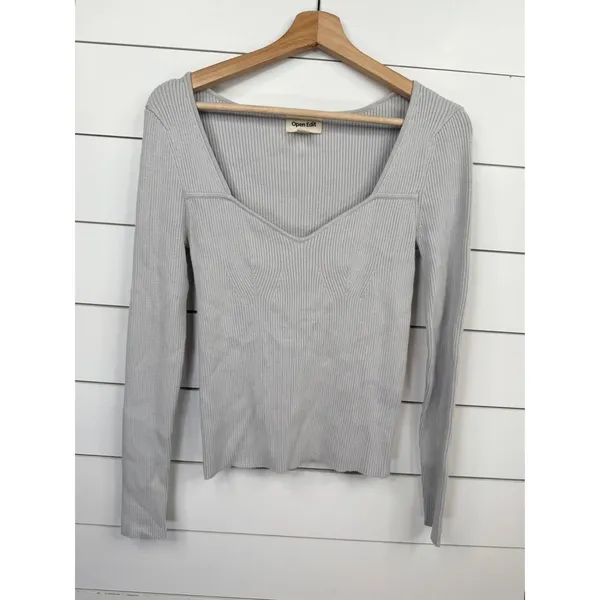 Open Edit Womens Size S Light Grey Ribbed Square V-Neck Fitted Long Sleeve Top - Image 2