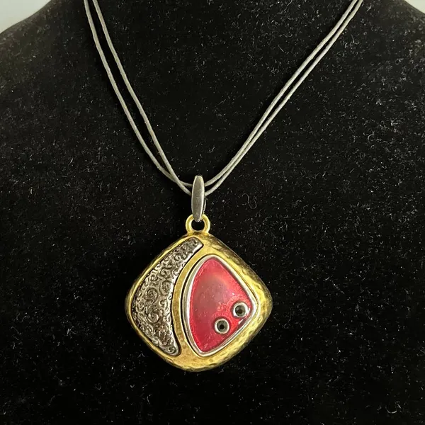 Chico's Abstract Geometric 90s Enamel Pendant Necklace Y2K Boho Leather Strap - Image 12