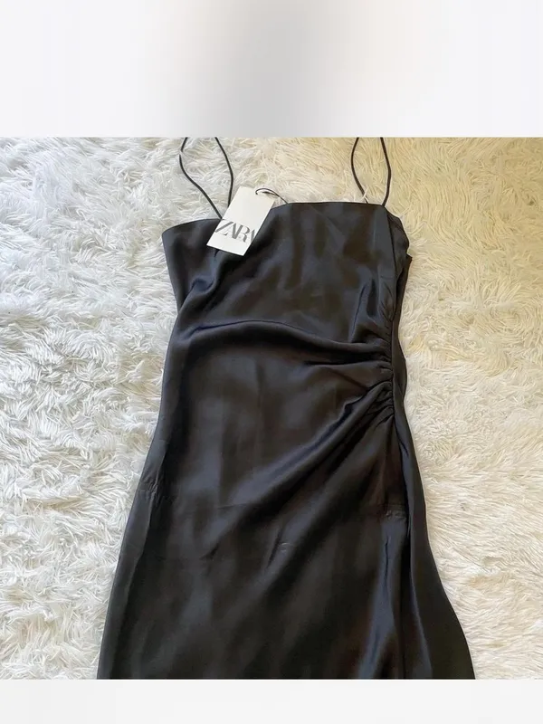 Zara Black Satin Slip Midi Dress with Thigh Slit - Image 8
