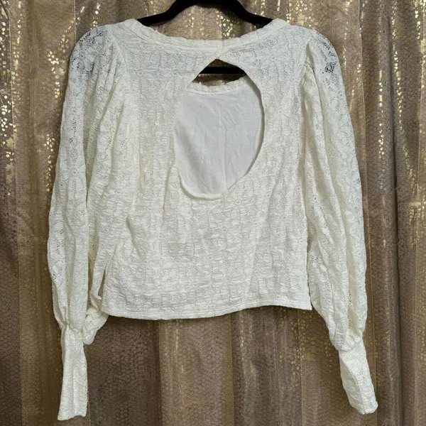 Free People Jasmine Tea Time Long Puff Lace Sleeve‎ Open Back Top Ivory Medium - Image 2