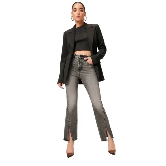 Good American Size 10/30 Curvy Twist Straight Leg Jeans Washed Black‎ Split Hem - Image 5