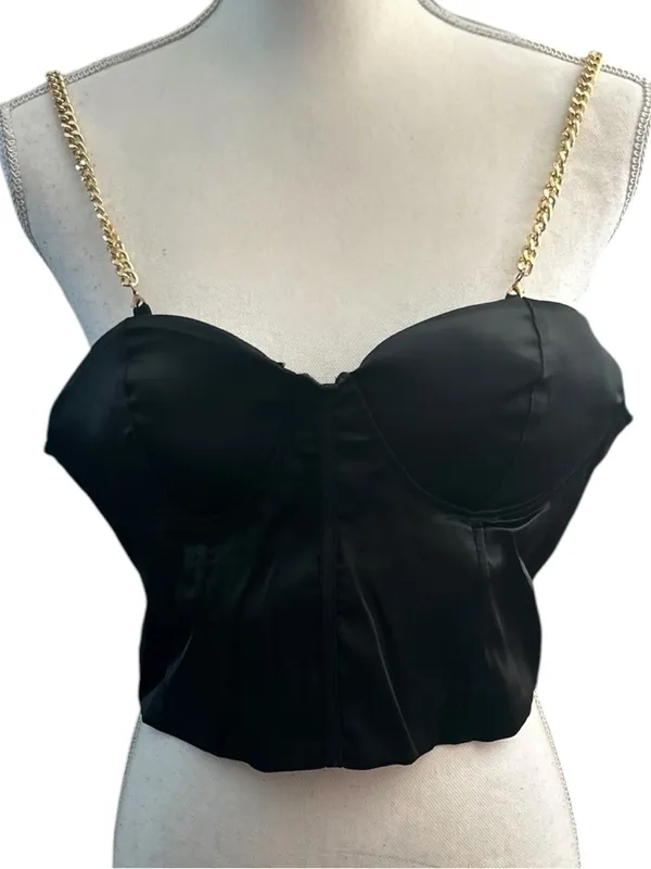 Love By Design Black Satin Corset Crop Top with Gold Chain Straps - Image 3