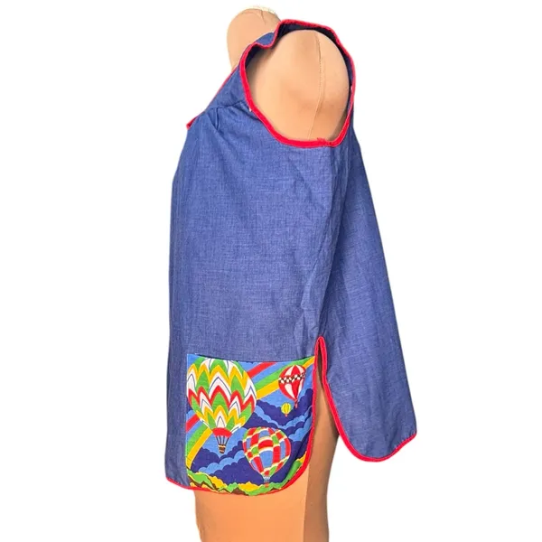 Vintage 70s Hot Air Balloon Smock Vest Blue Chambray Rainbow‎ Snap Front Top - Image 5