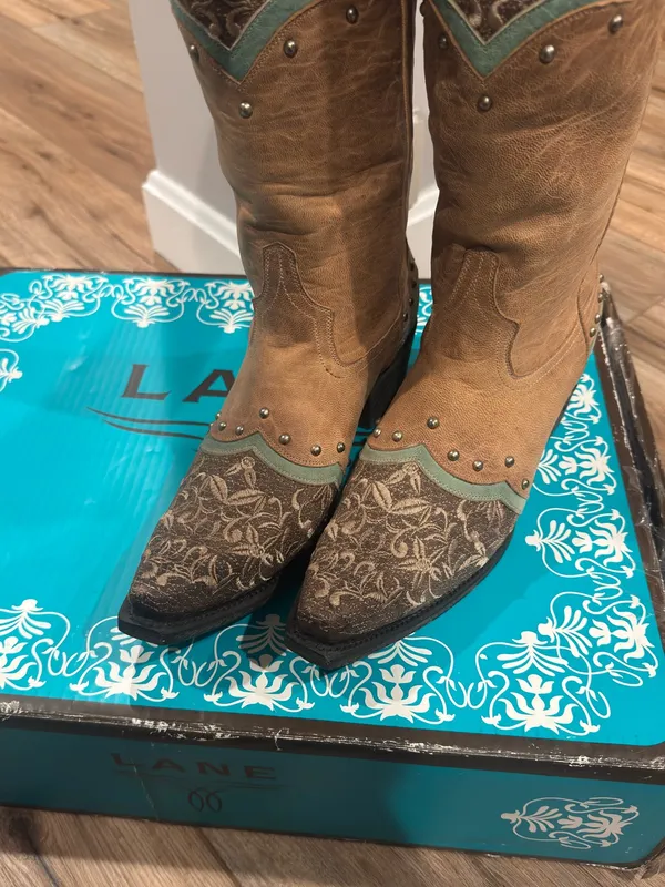 LANE Western Embroidered Floral Studded Turquoise Boho Cowgirl Boots | Size 8.5 - Image 3