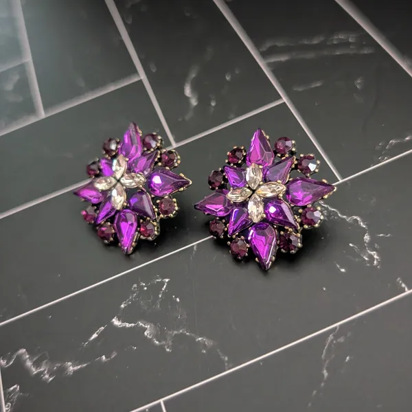 Vintage Stud Earrings 1.25" Purple & Clear Gems Regal Large Statement - Image 4