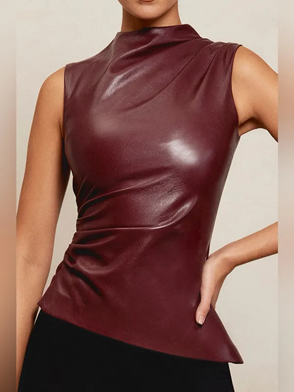 HOUSE OF CB ALLEGRA Wine Vegan Leather Asymmetric Top, Size X-Small, $148 - Image 2