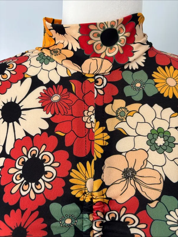 Bershka Floral Ruched Mock-Neck Long Sleeve Crop Top Tie Front Sz Med Retro - Image 3
