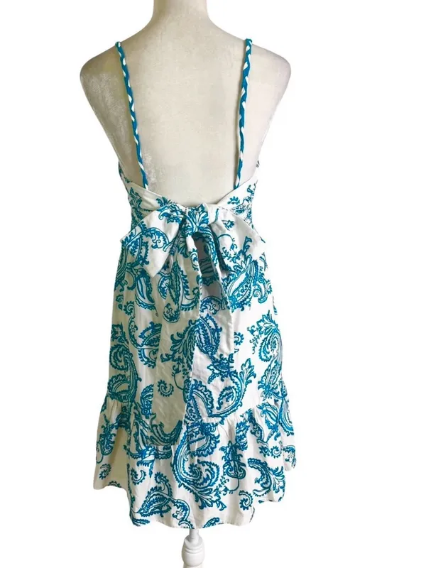 Alice + Olivia Khira Embroidered Mini Dress Bow Back Ivory Turquoise Size 8 Flaw - Image 5