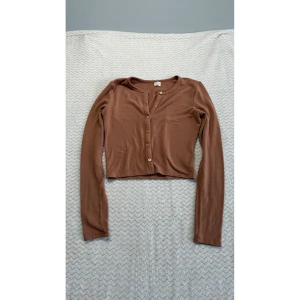 Wilfred Free Aritzia Cropped Cardigan Brown Ribbed Knit Button Front Top Small - Image 2
