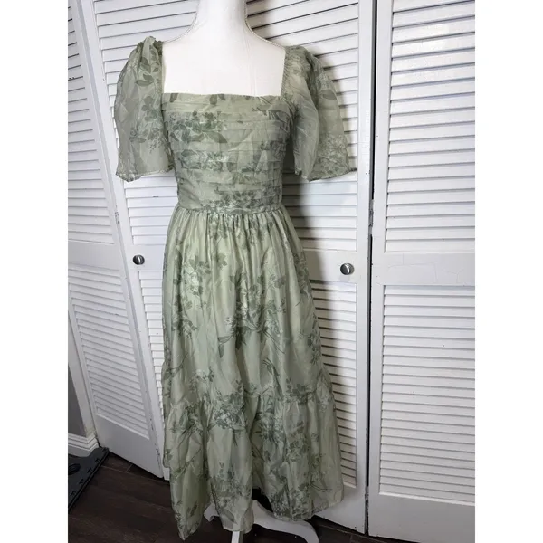 Abercrombie & Fitch Emerson Angel Sleeve Midi Dress Sage Green Floral Large - Image 6