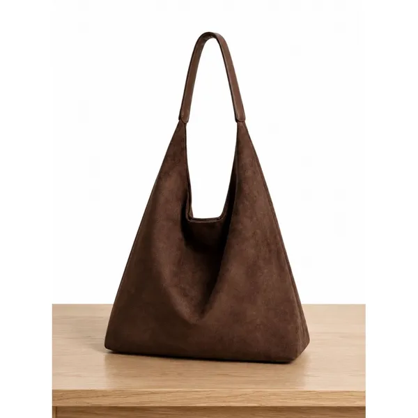 Coffee Brown Suede Slouchy Hobo Tote Crescent Bag Set + Mini Suede Shoulder Bag - Image 2