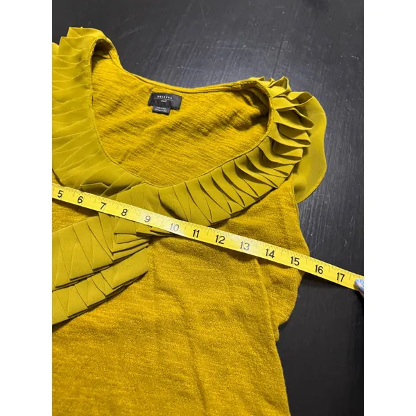Deletta Anthropologie Mustard Yellow Pleated Ruffle Neck Knit Top Small Citron‎ - Image 3