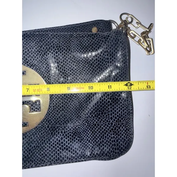 Tory Burch Reva Clutch Blue Leather‎ Snakeskin Print Chain Handbag Bag L - Image 15