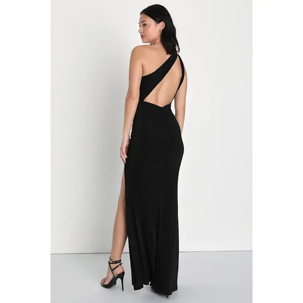 Lulus Especially Breathtaking Black Ruched One-Shoulder Maxi Dress Formal L NWT - Image 2