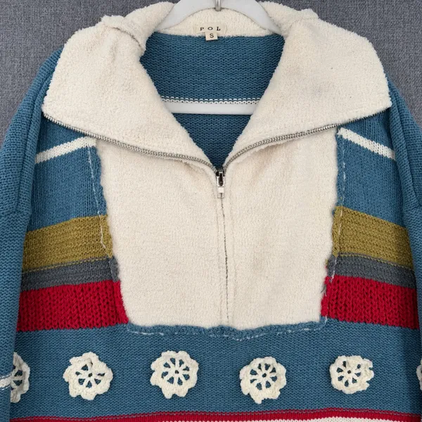 POL Oversized Colorblock Striped Chunky Quarter Zip Sweater Boho Crochet Flower - Image 5