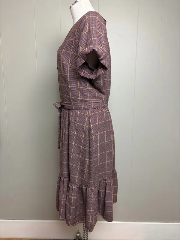 Gal Meets Glam Plaid Button Front Tie Waist Midi Dress US 12 Lined - Image 2