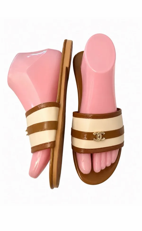 Brown & Cream Striped Slide Sandals - Image 3