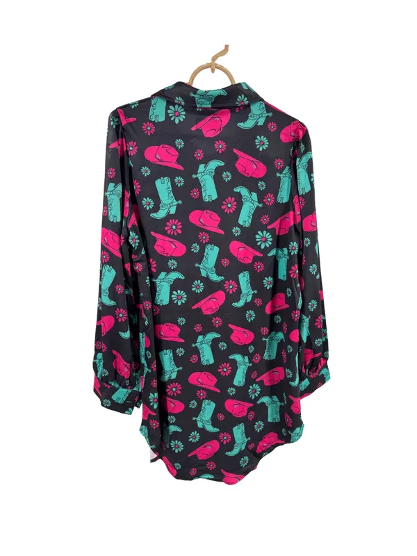 Jess Lea Black Mini shirt Dress with Pink & Teal Western Print M cowboy boots - Image 2