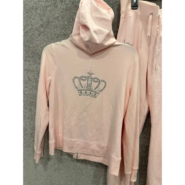 Christine Alexander Women Tracksuit L Pink Y2K Rhinestone Crown Hoodie Pants Set - Image 11
