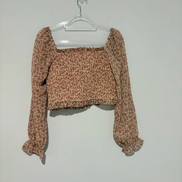 Japna smocked floral long sleeve crop‎ top peach pink size large - Image 2