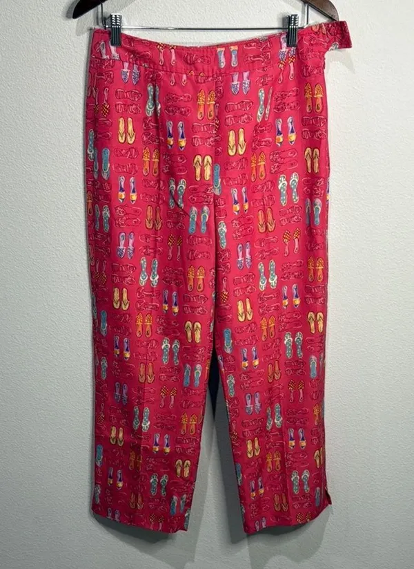 Harolds Pink Silk/Linen Blend Cropped Flip Flop Print Pants 32x27" Size 10 - Image 3