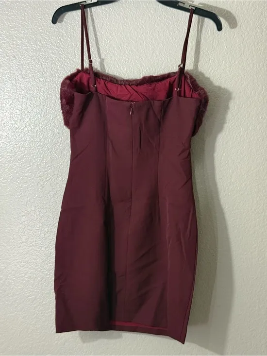 Naked Wardrobe Burgundy Faux Fur Trim Mini Dress Sexy Date Night Club Prom Small - Image 5