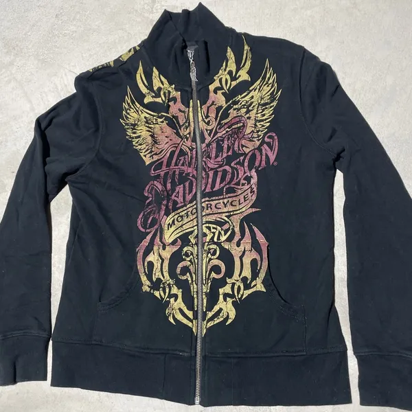 Y2K Harley Davidson Women's SZ L Sweatshirt Black Collar Applique Zip AOP - Image 2