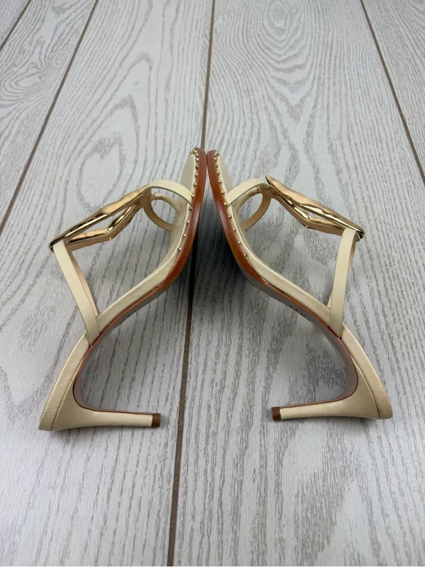 Schutz Women's Amarilis Stiletto Heel Leather Sandals 7B Natural & Gold $178 - Image 3
