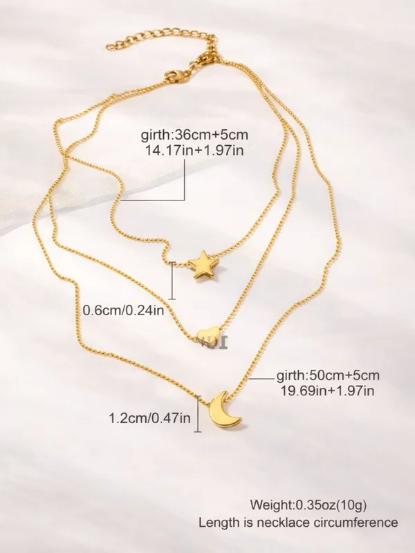 Gold 3 Layer Star Moon Heart Necklace Boho Minimalist - Image 2