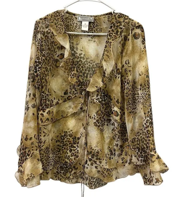 Simonton Says by George Simonton Animal Print Ruffled Kimono QVC Blouse Medium - Image 3