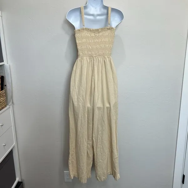 Universal Thread Women's XS Smocked Linen Maxi Jumpsuit Beige‎ Boho Lagenlook - Image 9