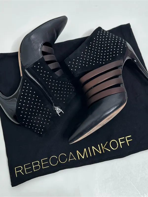 Rebecca Minkoff Caesar Studded Heels Black Leather & Suede Size 8 - Image 4