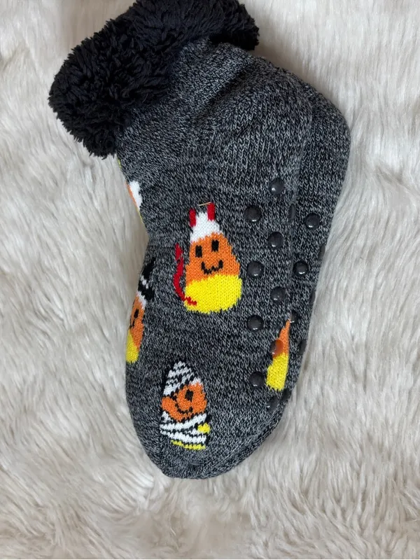 Cozy Gray Candy Corn Halloween Fuzzy Slipper Socks - Image 2