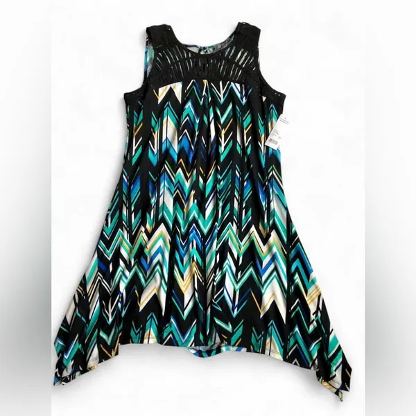 NWT NY Collection Wom Sleeveless Asymmetrical Chevron Dress Black Teal & Blue L - Image 2