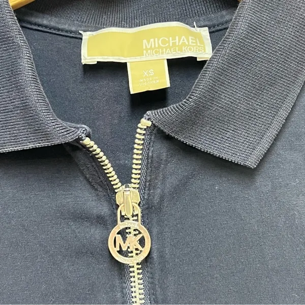 Y2K Michael Michael Kors Navy Blue‎ Ruched Quarter Zip Polo Top XS MK Logo Charm - Image 4