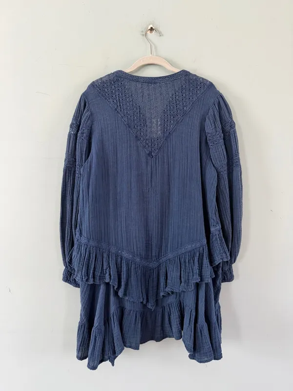NWT Free People Sachi Denim Blue‎ Boho Cottage Ruffle Cotton Mini Dress - Image 4