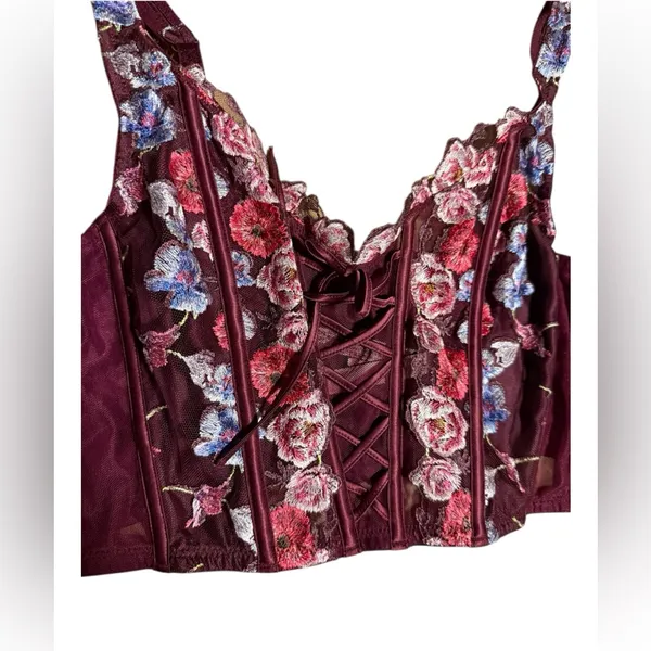 Victoria's Secret dream angels Burgundy floral embroidery corset bra lingerie - Image 5