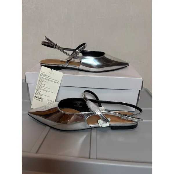 The Drop Tammie Silver Crackle Pointed Toe Slingback Flat Shoes Size 10 chrome - Image 2