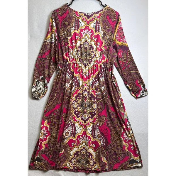 Style & Co Womens Large Pink Paisley Medallion Boho Surplice V-Neck Midi Dress - Image 3