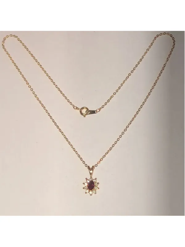 Gold Tone Vintage Red Rhinestone Dainty Pendant Necklace - Image 3