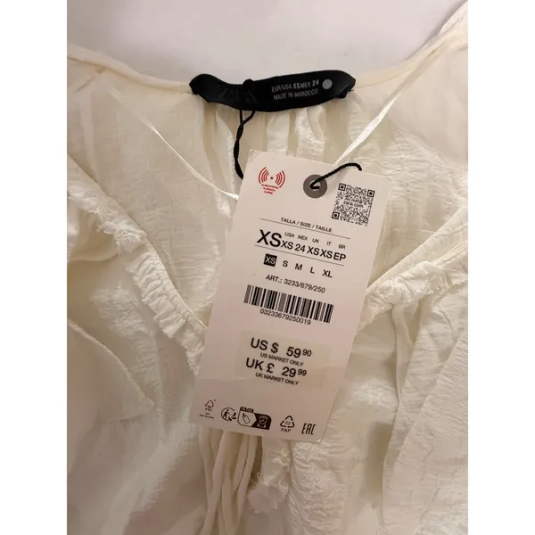 Zara White Boho Ruffle Tie Neck Blouse Bell Sleeve Peasant Top XS Semi Sheer NWT - Image 6