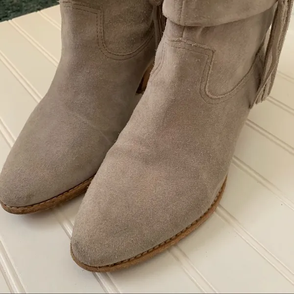Joie Taupe Suede Fringe Western Ankle Boots Stacked Wood Block Heel 'Keaton' - Image 6