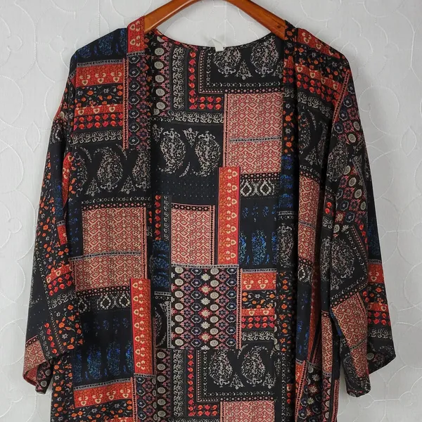 PinkBlush Womens‎ Kimono Cover Up Size L Black Brown Bandana Paisley Print Open - Image 4