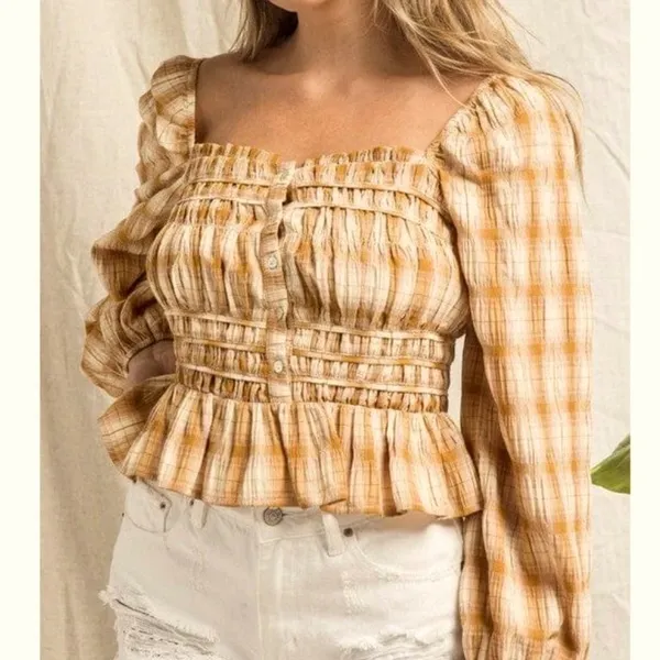 Bohme Brown Beige Plaid Smocked Blouse Size Large NWOT - Image 3