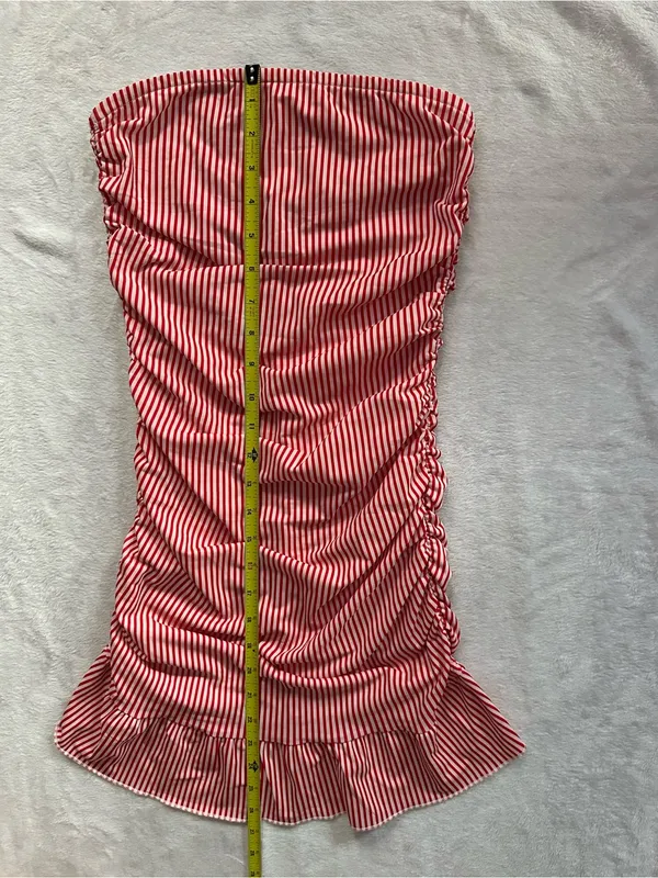 Edikted Gaia Gathered Mini Dress Red White Size XS Ruffle Hem Strapless Ruched - Image 3