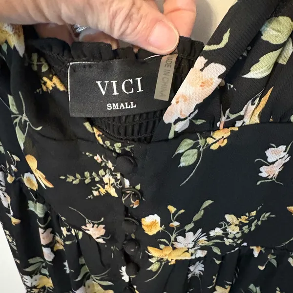 VICI Black Floral Maxi Dress Smocked Back Tiered Boho Small - Image 3